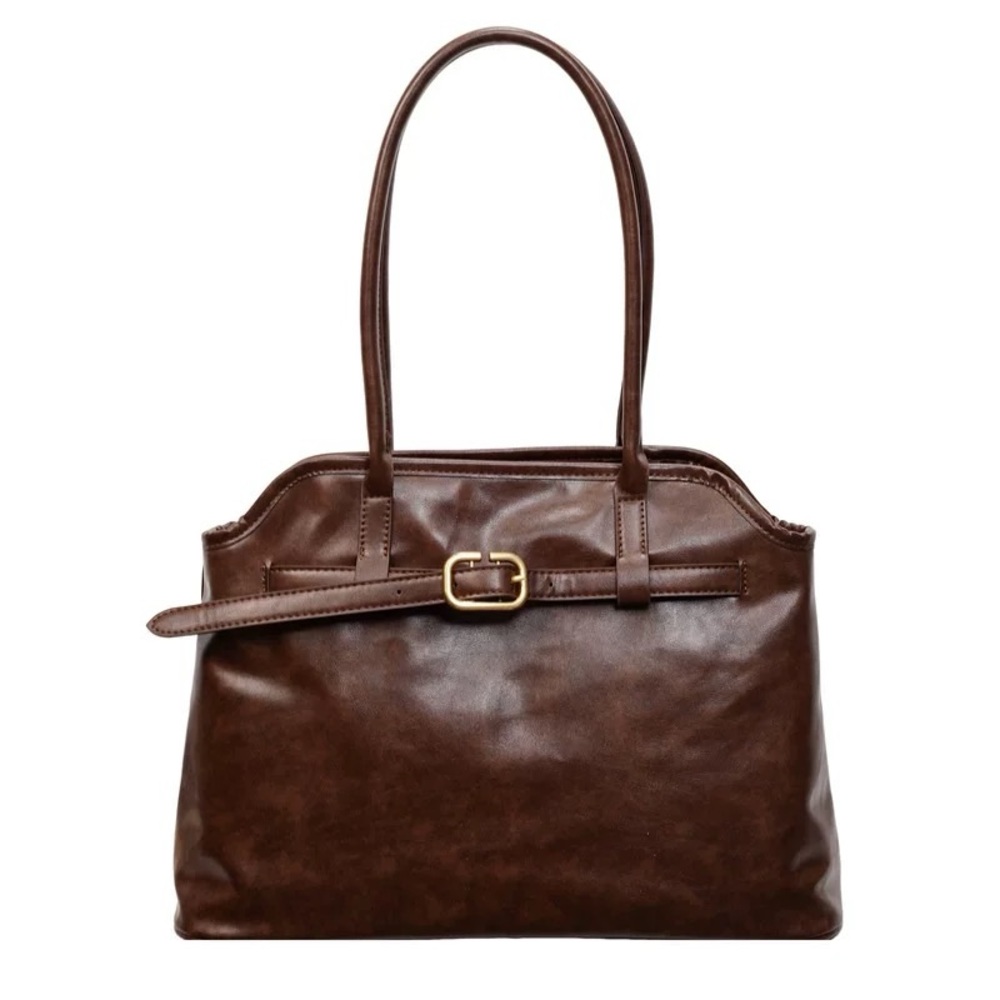 Classic Brown Large Volume Leather Tote Handbag - 39*27cm
